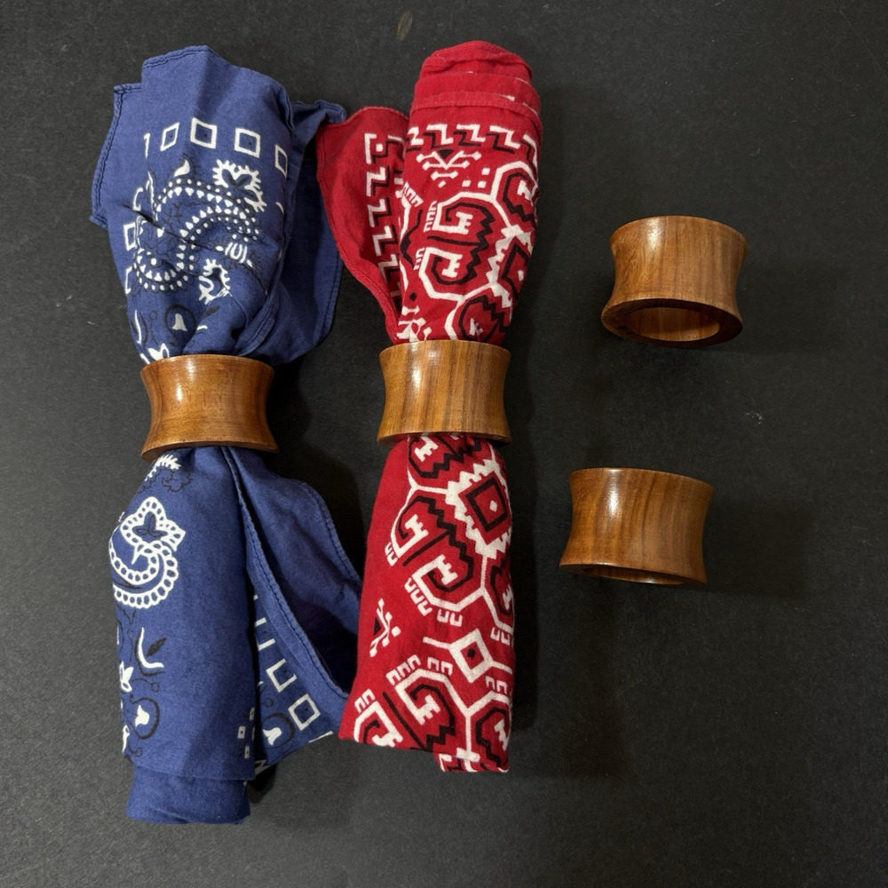 Set of 4 Mid Century Modern Napkin Rings Teak Wood Wooden Brown Vintage